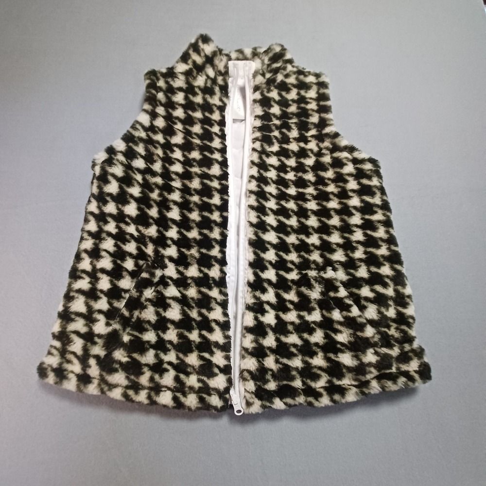 Keren Hart Womens‎ Faux Fur Houndstooth Vest Black White Full Zip Pockets Large